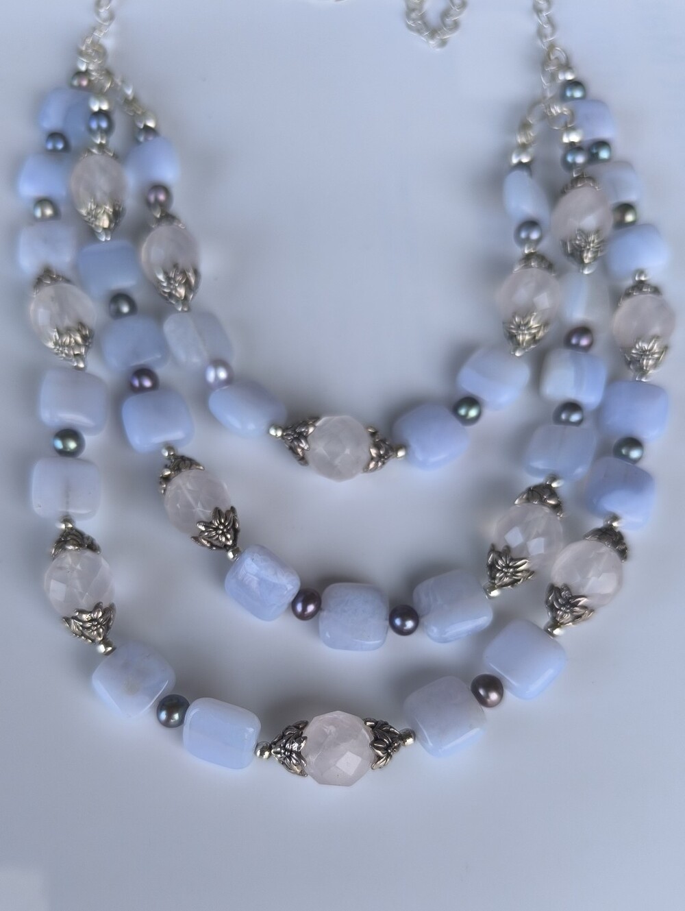 Chalcedony Rose Quartz Pearls Sterling Silver Chain Clasp Triple Strand Necklace